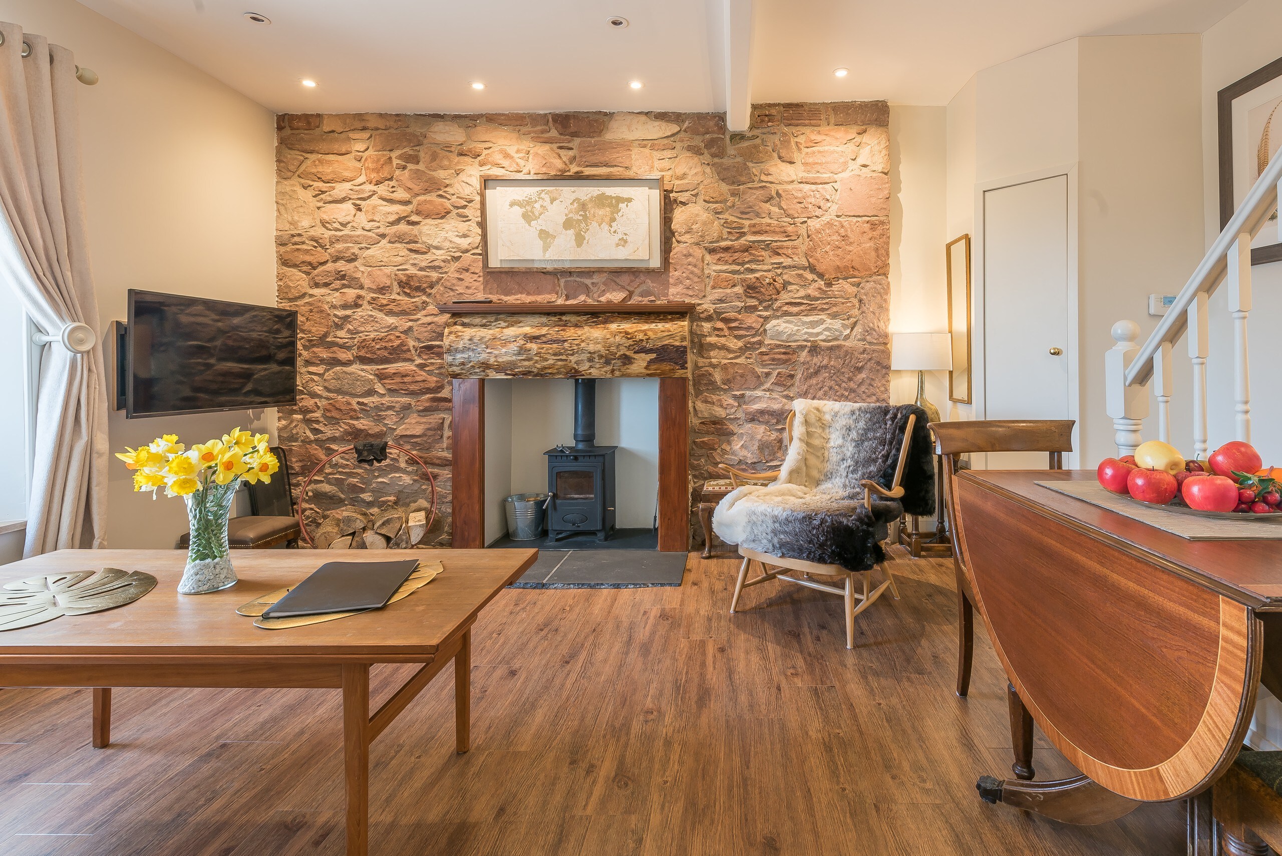 Traprain Cottage, Carfrae Farm, Living room with wood burning stove