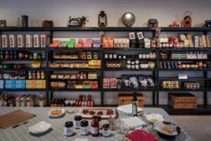 farm shop shelves with samples on table