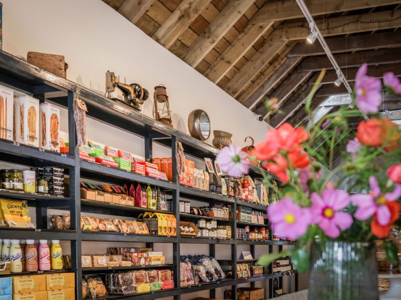 farm shop shelves with flowers